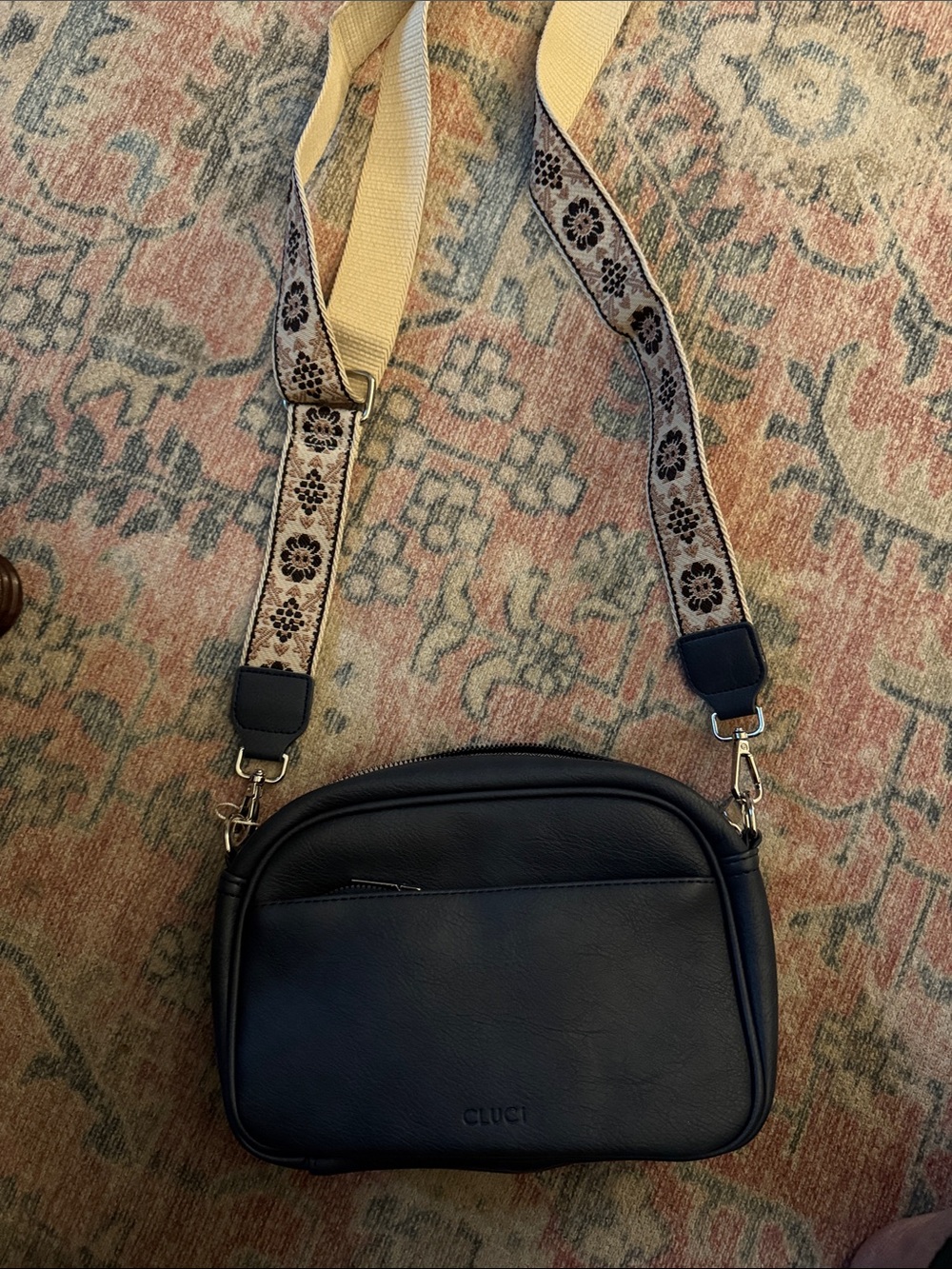 Navy blue Leather Crossbody Bag with Decorative Woven Strap